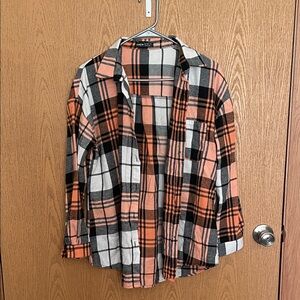 SHEIN Peach, Orange and Black Plaid Shirt